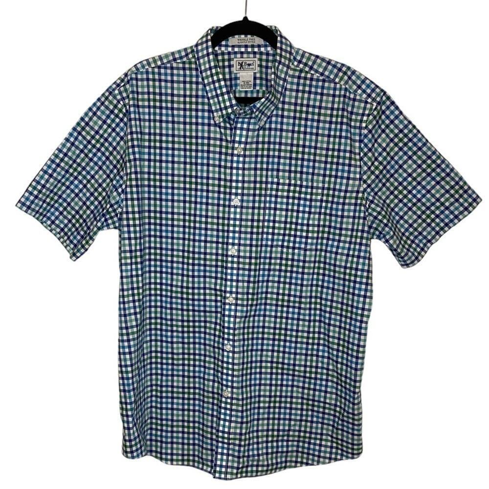 L.L. Bean Blue Green Plaid Wrinkle Free Slightly Fitted Button Down Cotton Shirt